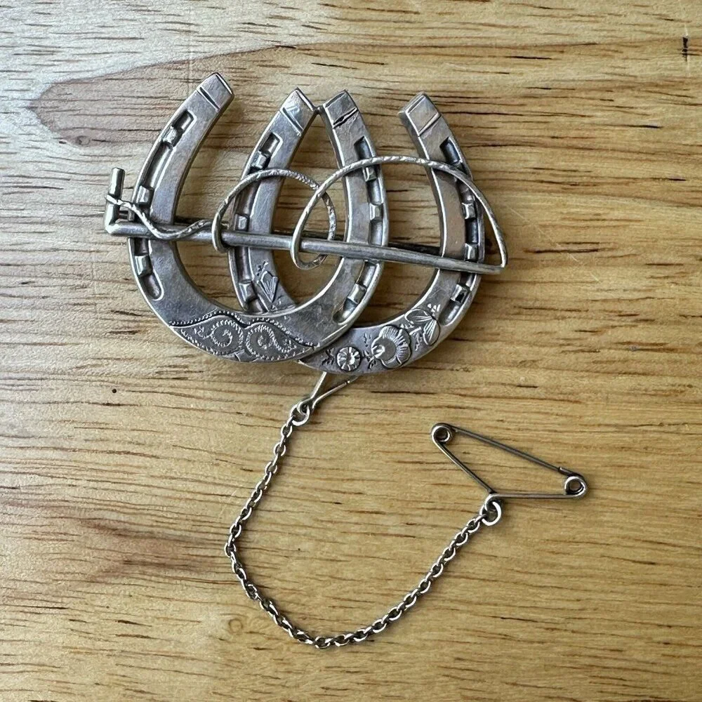 Antique‎ 1800s Victorian Brooch Pin 1.625 Inch Double Horseshoe Sterling C Clasp